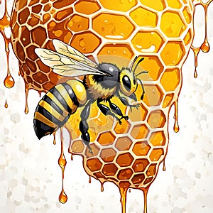 bright illustration of a bee on a honeycomb