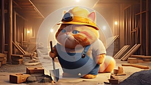 cute cartoon cat builder on a bright construction site