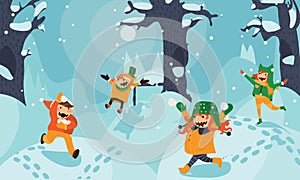 Bright illustration with little kids playing, running and jumping in snow among trees and snowdrifts. Vector hand drawn horizontal