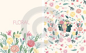 Bright illustrations with a woman, flowers and leaves in a circle. Spring happy woman. Happy mother's day. Ideal for