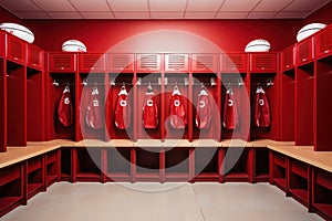 Bright image of football locker room clean and neat. wooden seats. Generative AI