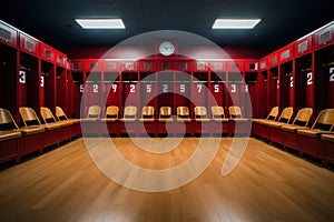 Bright image of football locker room clean and neat. wooden seats. Generative AI.