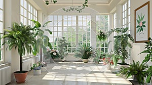 Bright indoor garden with a variety of lush plants in a sunny room with large windows,
