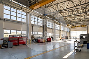 Bright industrial hangar interior with large space