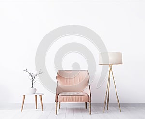 Bright interior design of sitting area, wooden floor lamp,peach stylish furniture. Blank white background wall