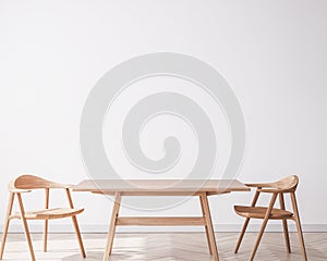 Bright interior dining room with wooden big table and wooden chairs on white wall