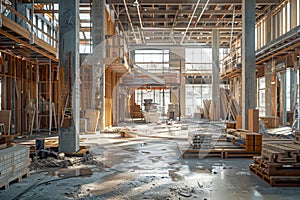 Bright Interior of a Large Industrial Construction Site with Wooden Framework and Scaffolding Bathed in Sunlight