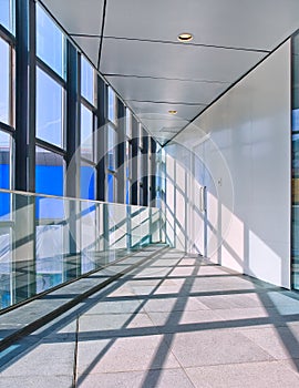 Bright Interior of a modern office building with large windows,