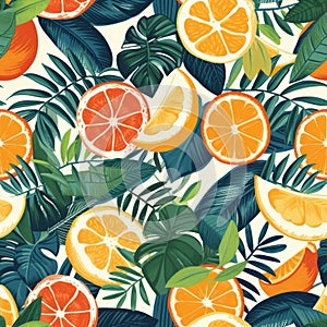Bright and invigorating, this seamless pattern showcases a sunny blend of citrus slices amidst a dance of tropical