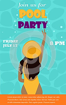 Bright invitation template for the pool party with young girl