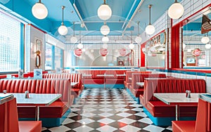 Bright and inviting, this classic diner sports vibrant red seats, sleek white tables, and a striking black and white