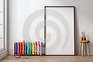 Empty Vertical Poster Frame Mockup in a Bright Creative Kids' Room