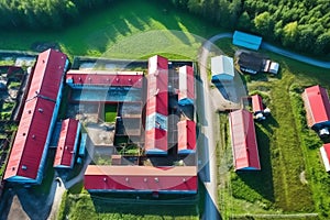 Bright ious pig farm buildings top view. Generative AI