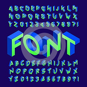 Bright isometric alphabet font. Three-dimensional effect letters and numbers.