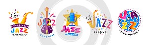 Bright Jazz Festival and Live Music Concert Label Vector Set