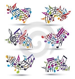 Bright jolly vector staves with musical notes on white background, decorative major arched set of musical notation symbol.