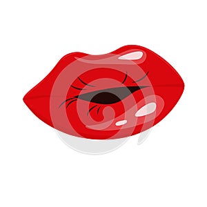 Bright juicy lips for the Day of Kisses. Color illustration of voluminous plump lips. Air kiss. The idea of stickers