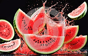 Bright, juicy watermelon slices with vibrant juice splash. full glass of fresh watermelon juice on dark backdrop, freshness and