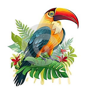 Bright jungle bird sitting on branch with exotic leaves and flowers, monstera, palm, plumeria. Cartoon animal isolated