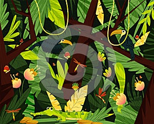 Bright Jungle or Rainforest Flora and Foliage with Crocodile and Toucan Bird on Tree Trunk Vector Illustration