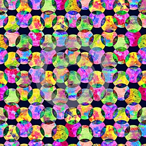 Bright kaleidoscope, montage polka dot abstract grunge colorful splashes texture watercolor seamless pattern in yellow