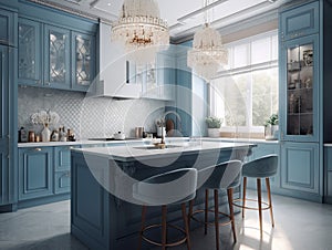 Bright kitchen with blue cabinets and bar stools. AI generated