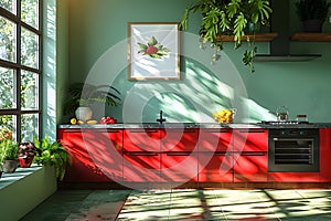Bright Kitchen Cabinet Amidst Green Wall - Modern Stock Photo