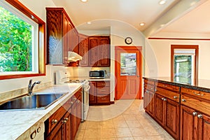 Bright kitchen with carved wood cabinets