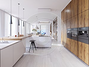 Bright kitchen contemporary style overlooking the living. White and wooden facade. Built-in appliances and designer hoods.