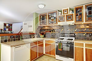 Bright kitchen interior with brown tile and colourful cabinets