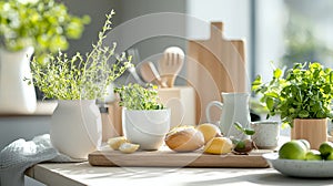 Bright Kitchen Still Life with Lemons Herbs and