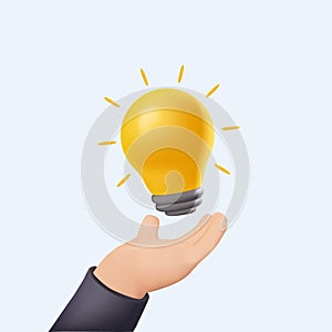 A bright lamp above the palm of the hand. Ideas, think outside the box, imagination, solution, and effort. 3D vector
