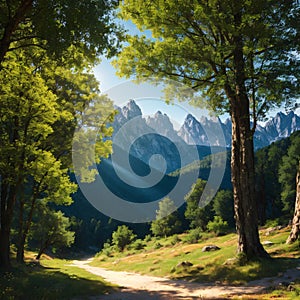 a bright landscape in the morning with green grass.