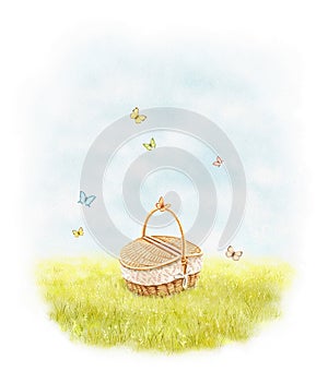 Watercolor illustration with landscape scenery summer meadow, sky, wicker picnic basket and butterflies