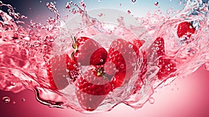 Bright light. abstract background of ripe strawberries with water drops and leaves on table
