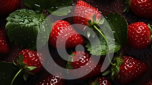 Bright light. abstract background of ripe strawberries with water drops and leaves on table