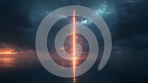 Bright Light Beam in Dramatic Sky Over Water