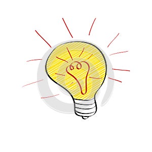 Bright light bulb in doodle style isolated on white background. Big idea, brainstorming or innovation concept.