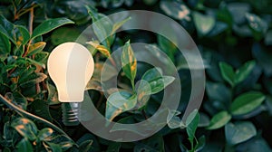bright light bulb on green leaves background.