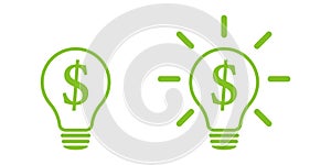 Bright light bulb Inside - a dollar symbol. Idea lamp icon collection. Flat style