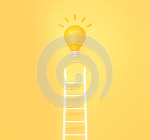 Bright light bulb on top of staircase, 3D render. Business innovation, creative idea, thinking or brainstorm. Concept of