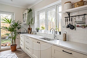 Light-filled kitchen interior with white counters