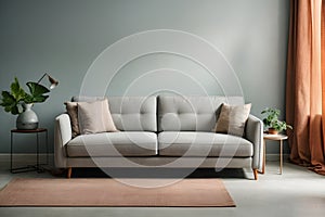 Bright light grey couch near color solid wall in empty living room