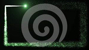Bright light source draws a rectangular frame of green particles on a dark background. Animation with free space in the