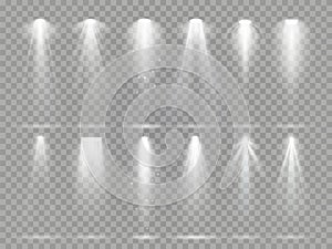 Bright lighting projector beams on theater stage. Rays of studio floodlights, white spotlight light and floodlight photo