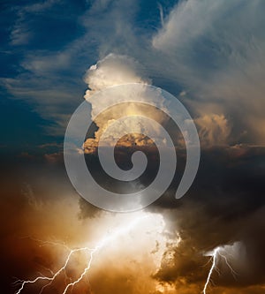 Bright lightning in dark stormy sky, weather forecast concept