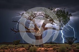 Bright lightning hit the tree