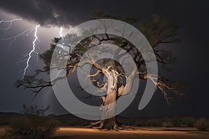 Bright lightning hit the tree