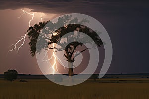 Bright lightning hit the tree