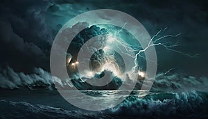 Bright lightning in a raging sea. A strong storm in the ocean. Big waves. Night thunderstorm. Generative ai